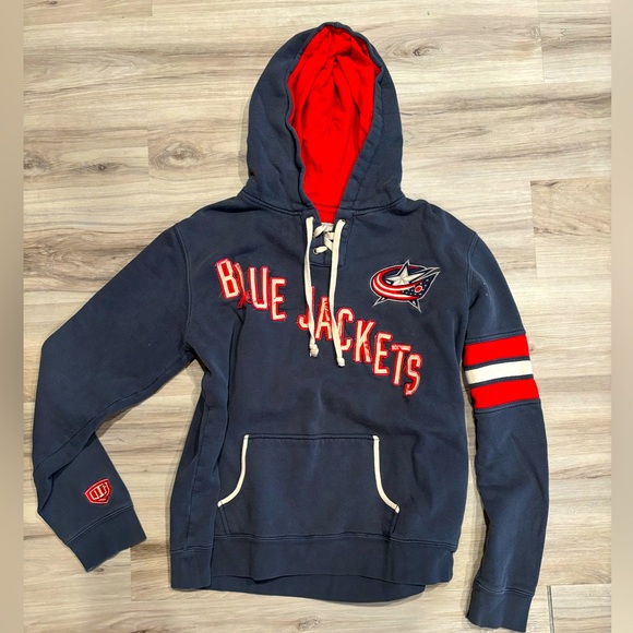 ‼️THRIFT STORE MAKE OFFER NHL Blue Jackets Hoodie Fringe Distressed Hockey - Picture 1 of 7